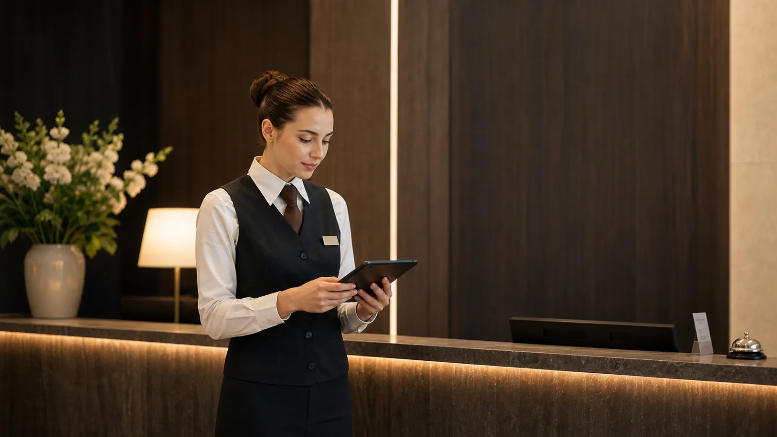 Recepcjonistka koordynująca operacje hotelu na tablecie przy recepcji