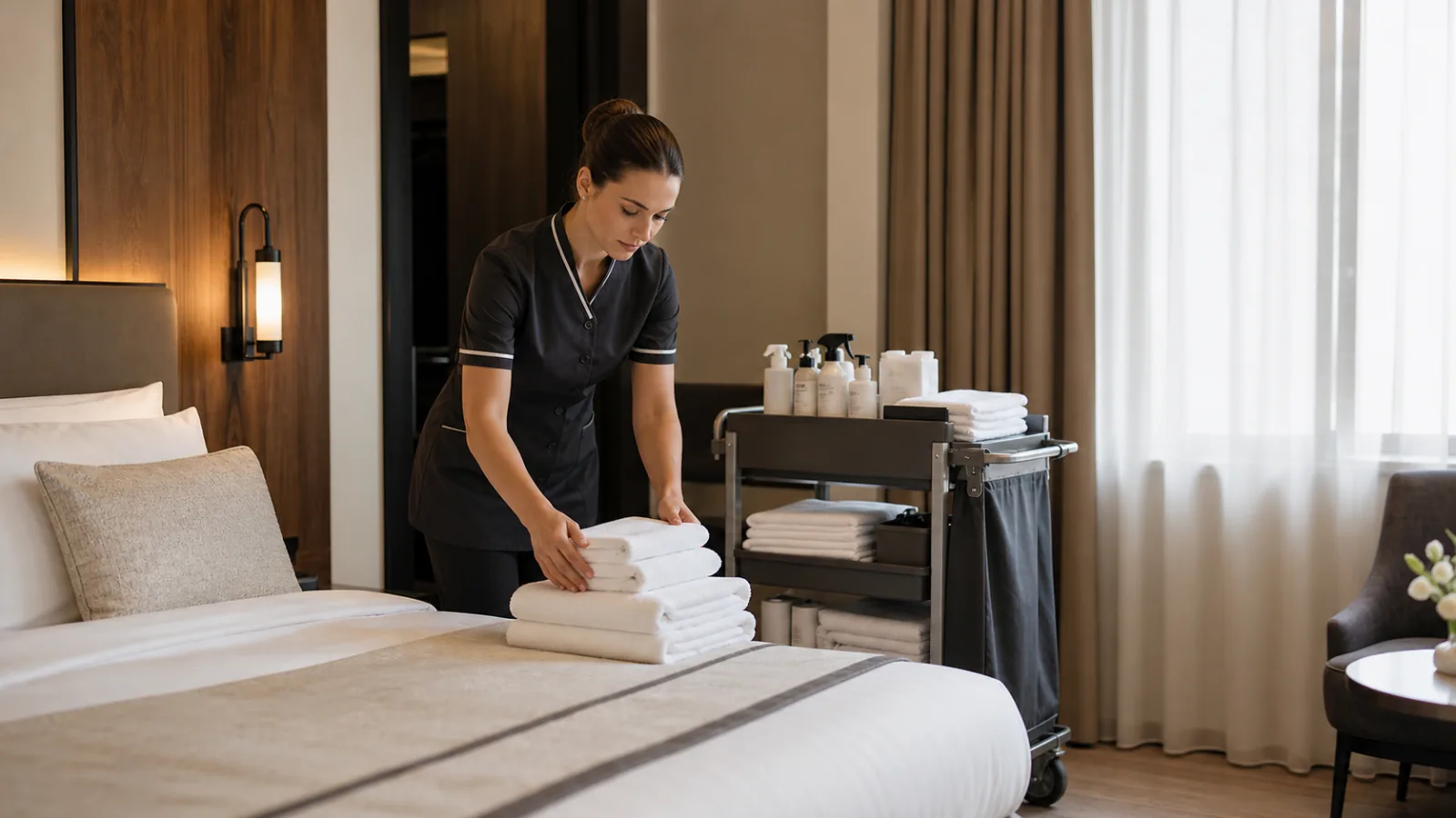 Pracownica housekeeping przygotowująca pokój hotelowy przed przyjazdem gościa