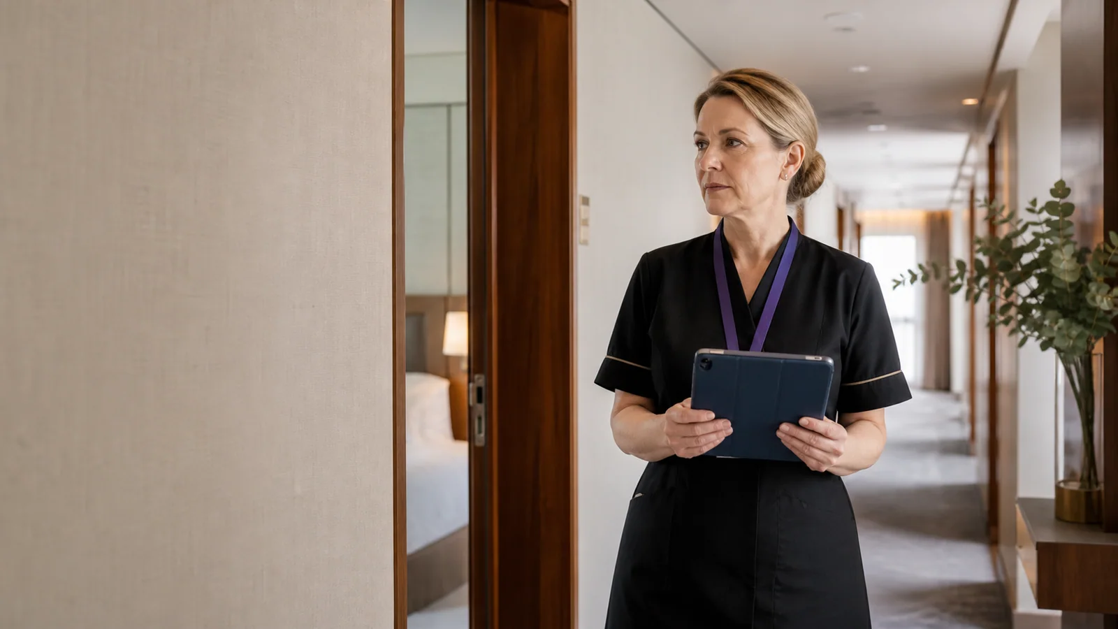 Executive housekeeper sprawdzająca status pokoi na tablecie podczas rundy po piętrach